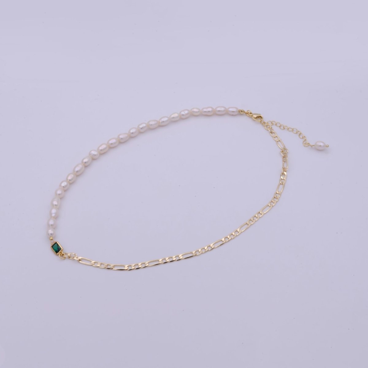Gold Chain Half Pearl Necklace - Gold Figaro Chain Necklace - Dainty Pearl Choker - Emerald Green CZ | WA-511 Clearance Pricing - DLUXCA