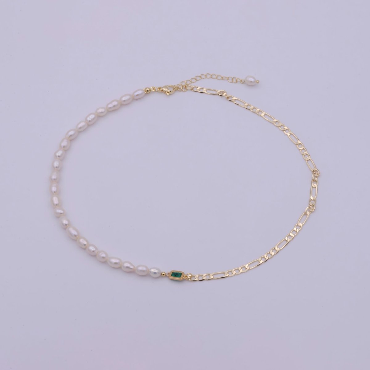 Gold Chain Half Pearl Necklace - Gold Figaro Chain Necklace - Dainty Pearl Choker - Emerald Green CZ | WA-511 Clearance Pricing - DLUXCA