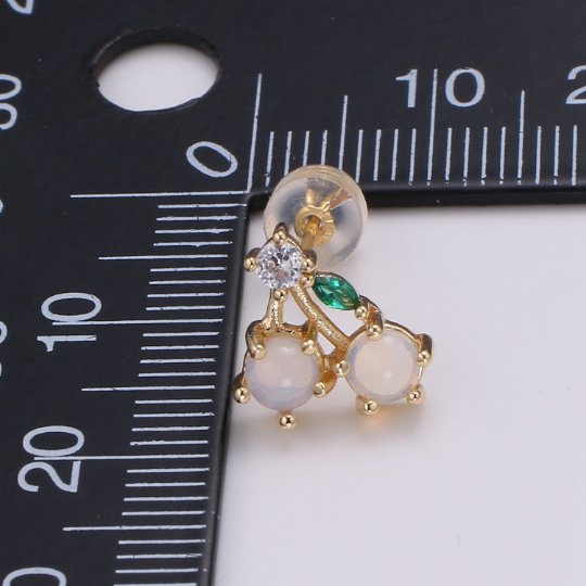 Gold Cherry Stud Earrings, Crystal Cherry Studs, Kawaii Jewellery, Fruit Earrings, Minimalist Earrings, Earrings for Girls P-014 - DLUXCA