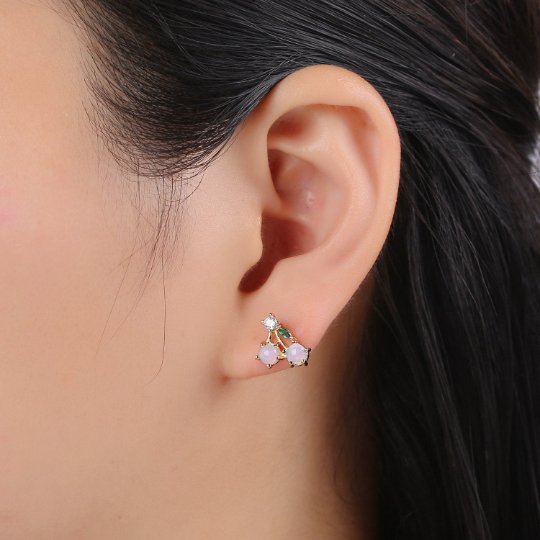 Gold Cherry Stud Earrings, Crystal Cherry Studs, Kawaii Jewellery, Fruit Earrings, Minimalist Earrings, Earrings for Girls P-014 - DLUXCA