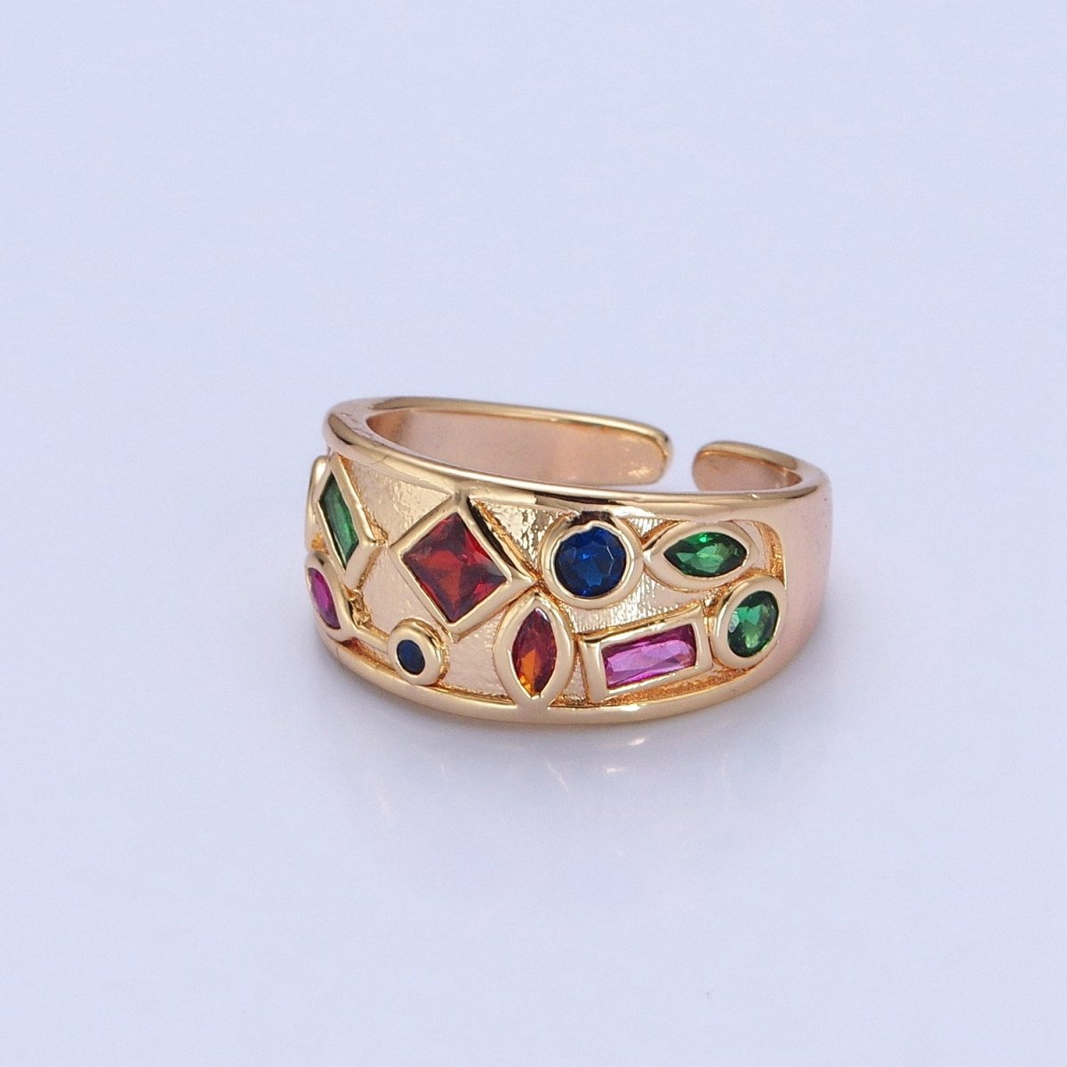 Gold Chunky Gemstone Ring Multi Color CZ Stone Dome Ring Adjustable O-738 - DLUXCA
