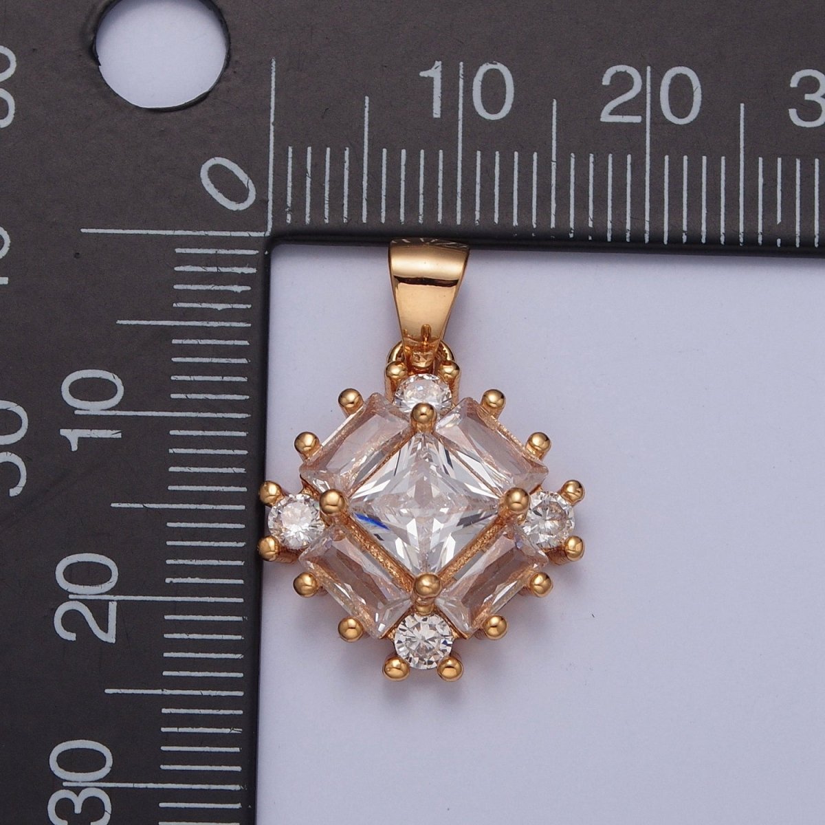 Gold Clear Baguette Round Cubic Zirconia Rhombus Pendant For Jewelry Making X-376 - DLUXCA