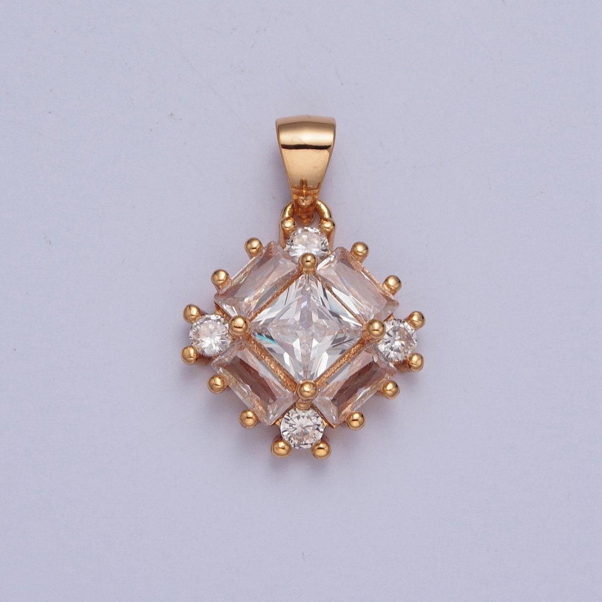 Gold Clear Baguette Round Cubic Zirconia Rhombus Pendant For Jewelry Making X-376 - DLUXCA