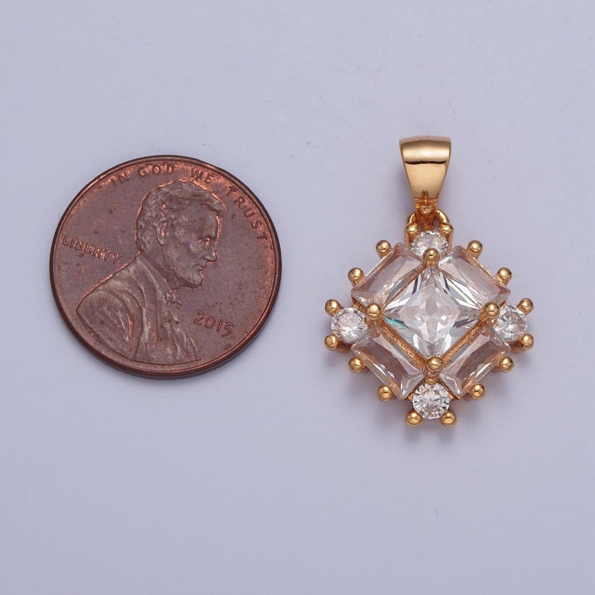 Gold Clear Baguette Round Cubic Zirconia Rhombus Pendant For Jewelry Making X-376 - DLUXCA