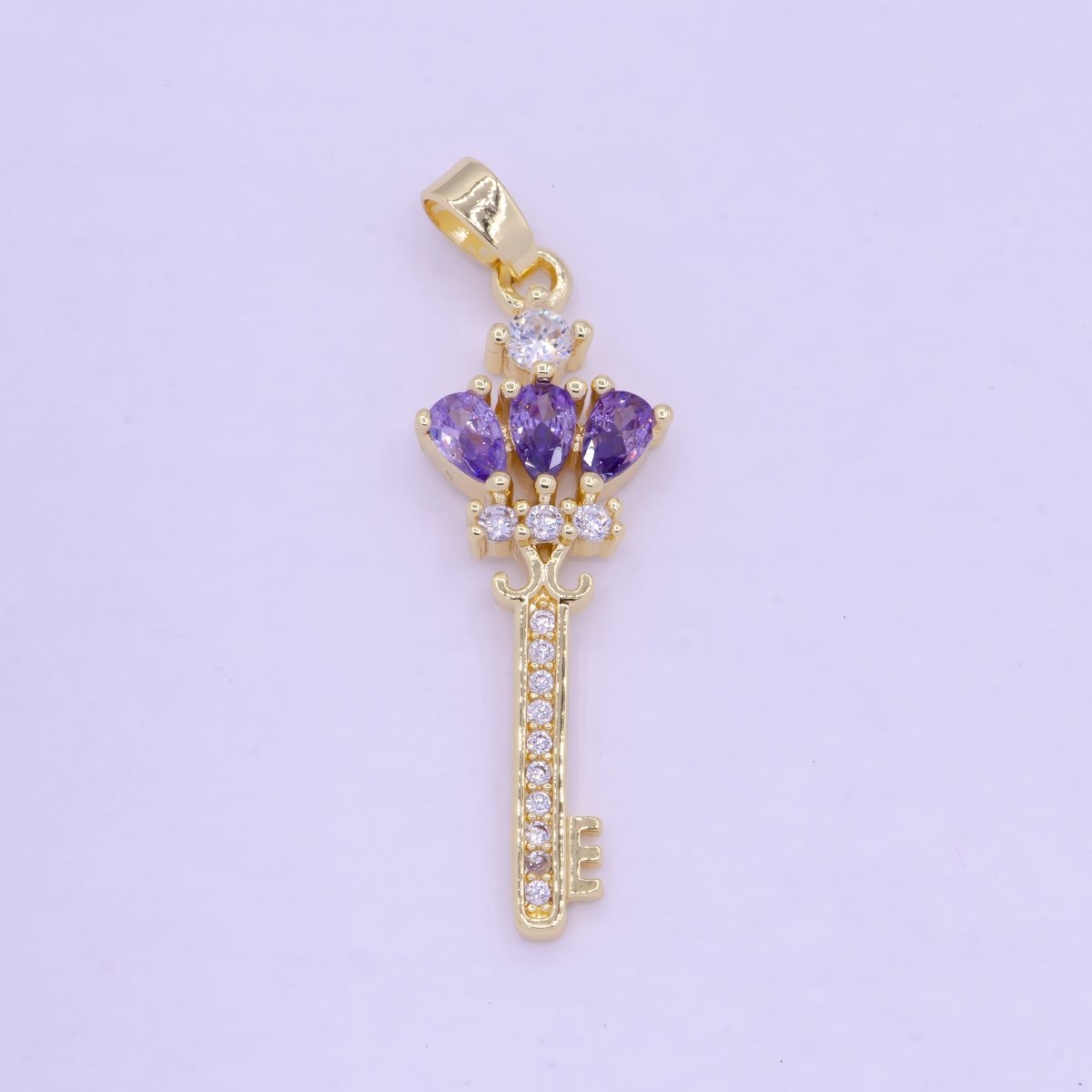 Gold Clear / Purple Crown Key Cubic Zirconia CZ Pendant, Micro Pave Gold Key Charm For Jewelry Necklace Making J-590 J-592 - DLUXCA