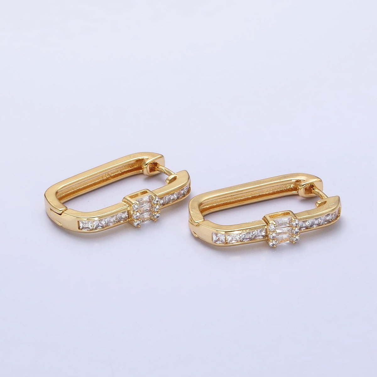 Gold Clear Round Baguette CZ Lined Oblong U-Shaped Hoop Earrings | AB375 - DLUXCA