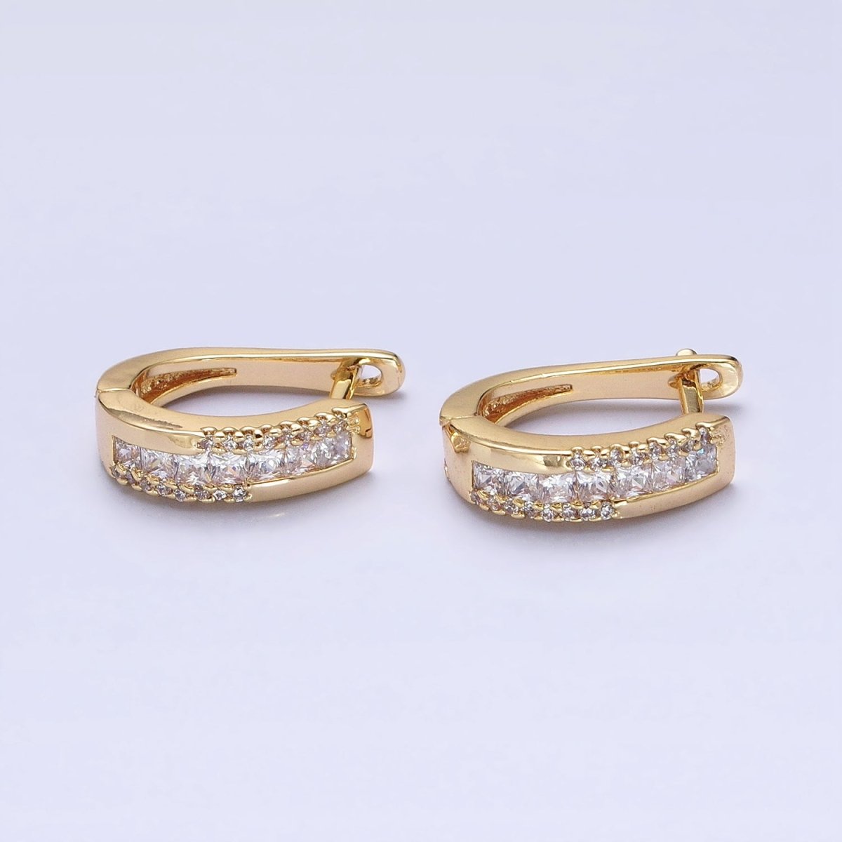 Gold Clear Square Lined Micro Paved CZ English Lock Earrings | AB391 - DLUXCA
