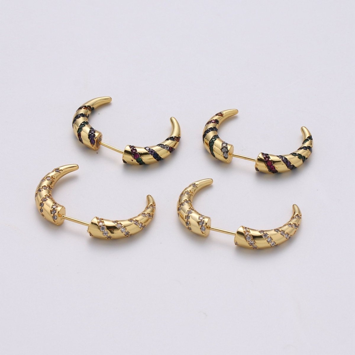 Gold Crescent moon earrings / Horn earrings / Half Moon Earrings / Celestial Stud earrings Micro Pave Earring Boho earrings Gift For Her, K-567 - DLUXCA