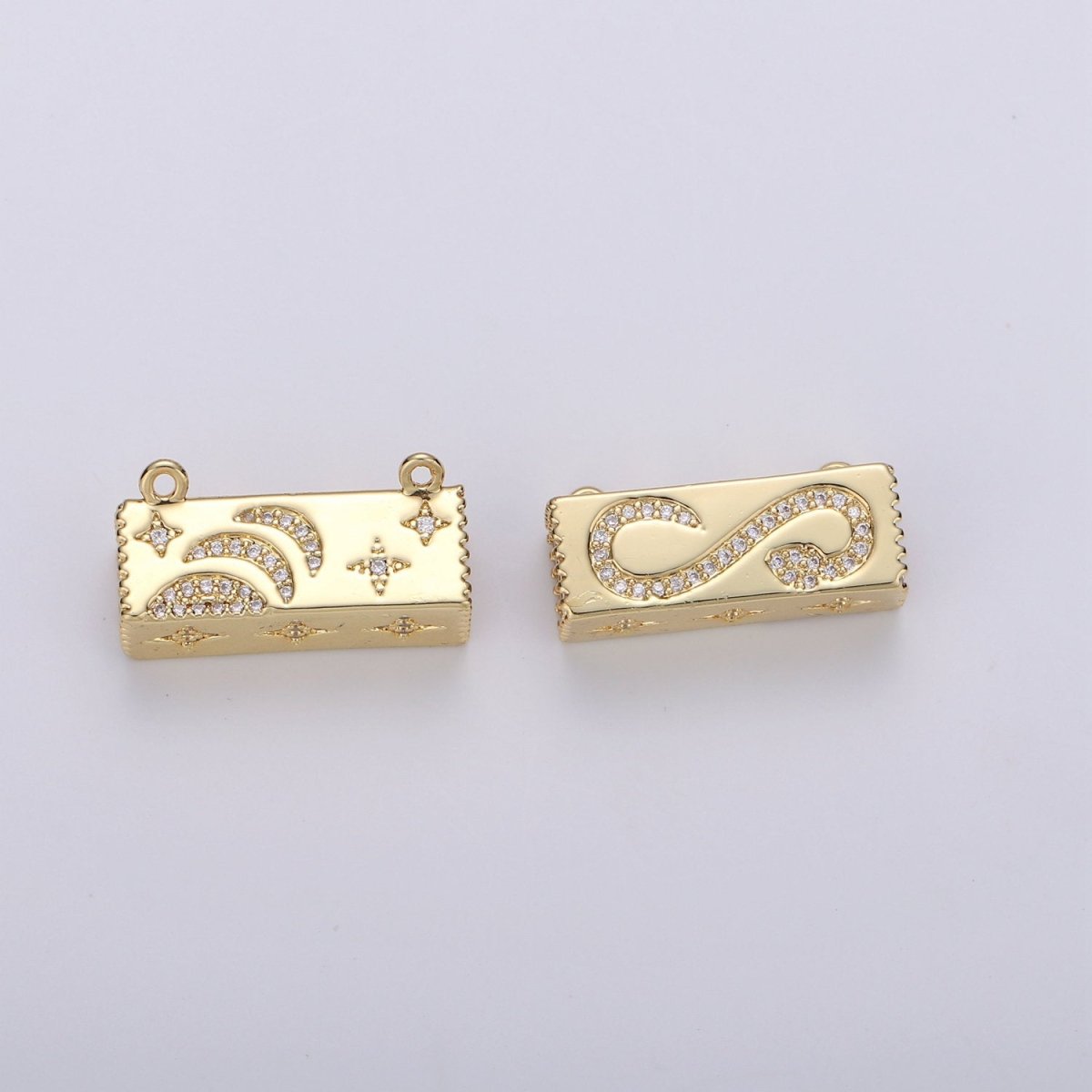 Gold Cresent Moon On Cuboid Shape Charms, Gold Star Pendant, Cube Necklace Charms with Double Bail / Dangle Charm F-439 - DLUXCA