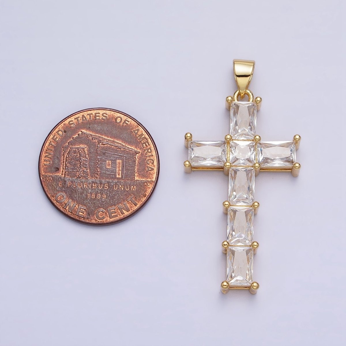 Gold Cross Pendant with Emerald Cut CZ Diamond for Religious Jewelry Charm AA255 - DLUXCA