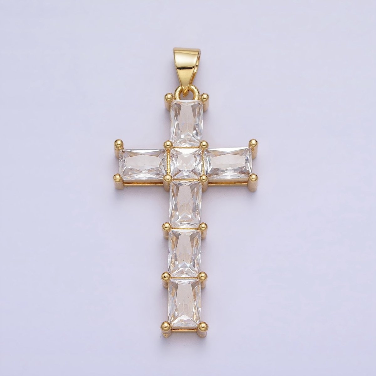 Gold Cross Pendant with Emerald Cut CZ Diamond for Religious Jewelry Charm AA255 - DLUXCA