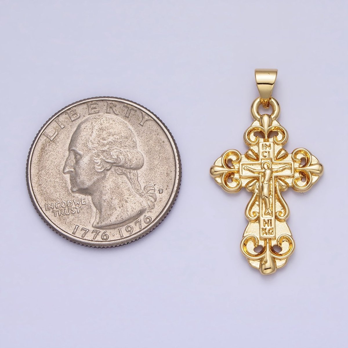 Gold Crucifix Crucified Fleury Cross Religious Engraved Pendant | AA161 - DLUXCA