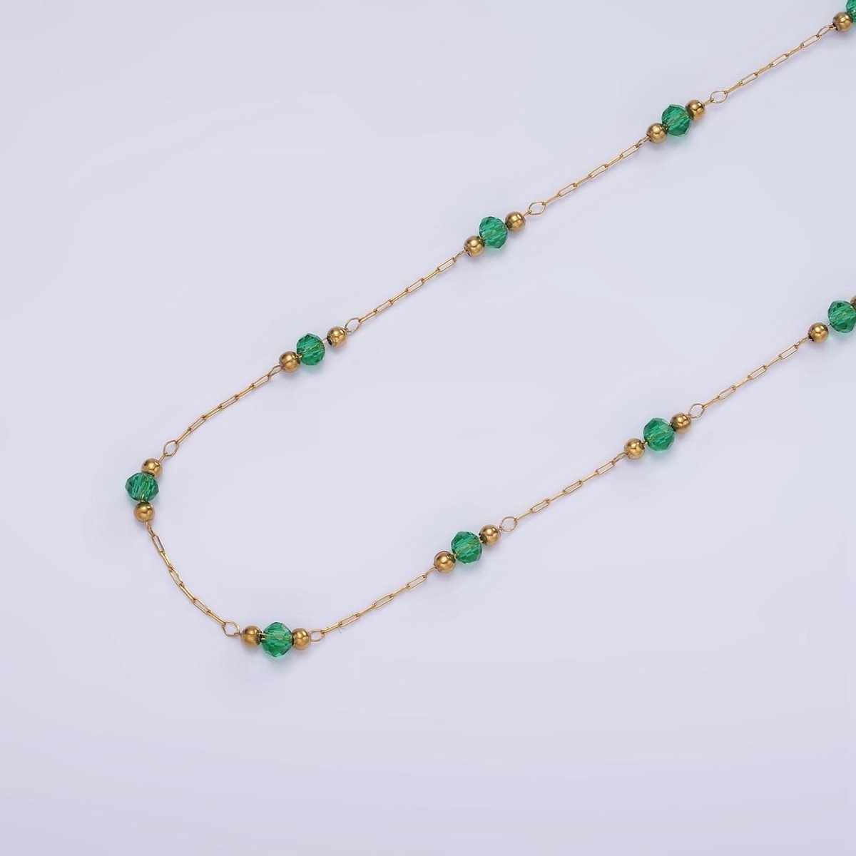 Gold Crystal Beaded Chains Stainless Steel Rosary Cable Chain Glass Rondelles with 3mm GREEN Round Beads | ROLL-1458 - DLUXCA