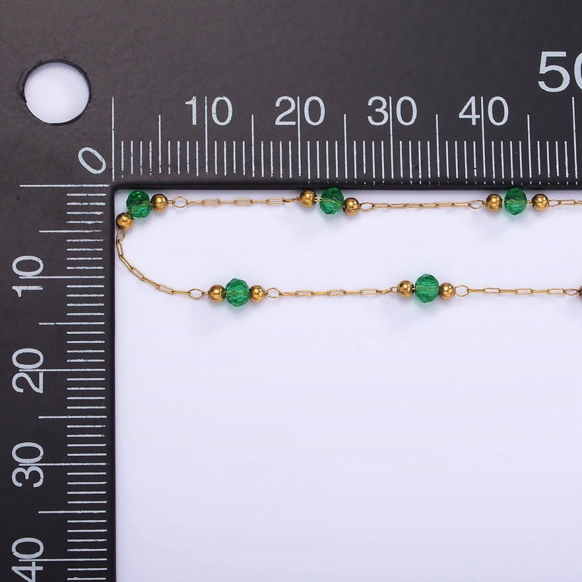 Gold Crystal Beaded Chains Stainless Steel Rosary Cable Chain Glass Rondelles with 3mm GREEN Round Beads | ROLL-1458 - DLUXCA