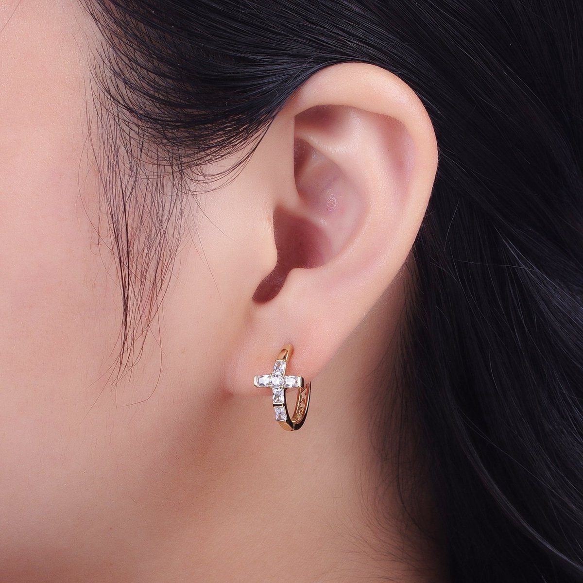 Gold Cubic Cross Huggie Earring Religious Hoop Earring Jewelry Y-049 - DLUXCA