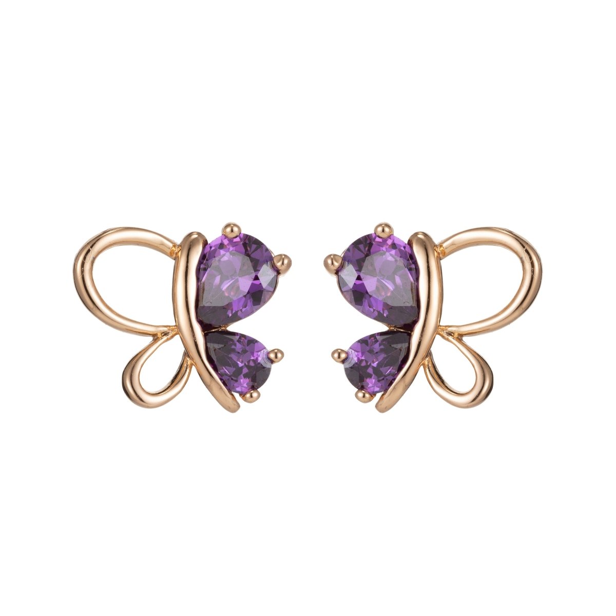 Gold Cubic Zirconia Purple Butterfly Stud Earrings Blush Butterfly Earrings Blush CZ Earrings - DLUXCA