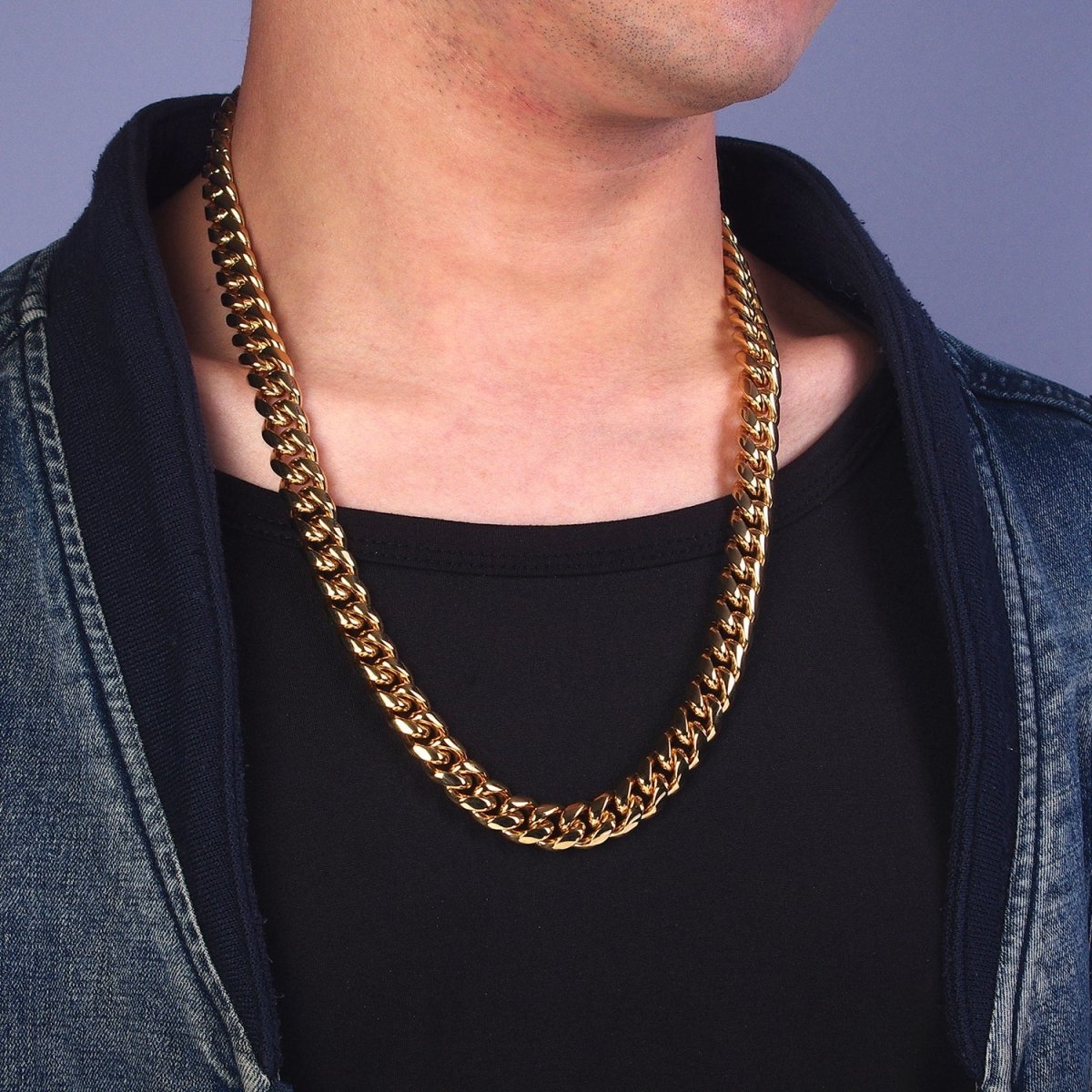 Gold Curb Chain Cuban Necklace for Men - Heavy Stainless Steel 10 12 14 mm Thickness 24.5 inch long WA-1726 WA-1727 WA-1728 Clearance Pricing - DLUXCA