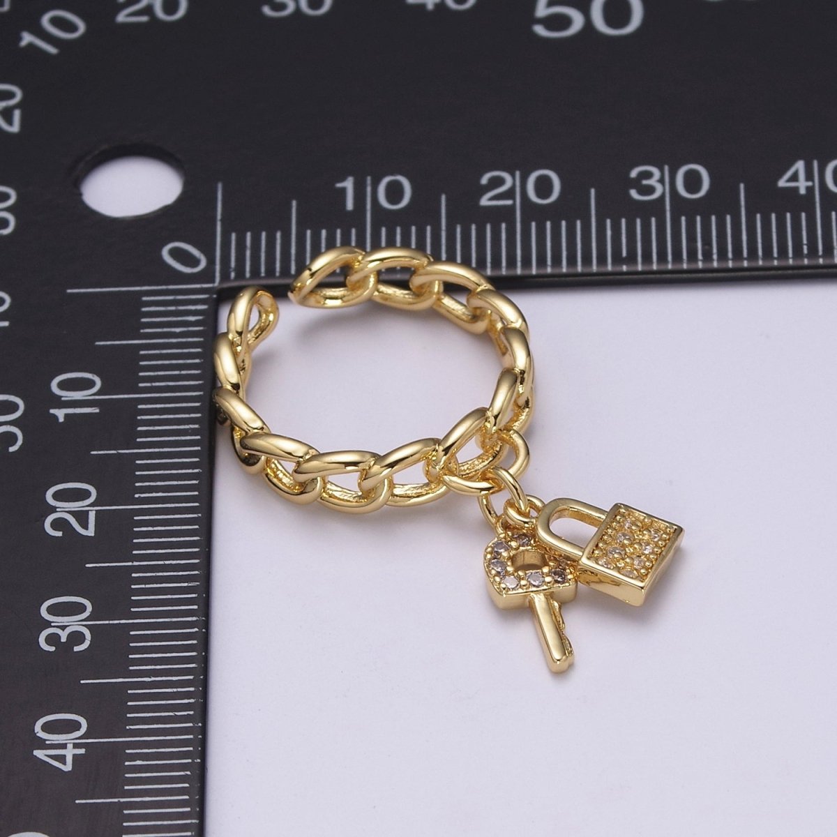 Gold Curb Link Chain Key Padlock Charm Rings For Women CZ Stacking Micro Pave Open Ring Adjustable U-210 - DLUXCA