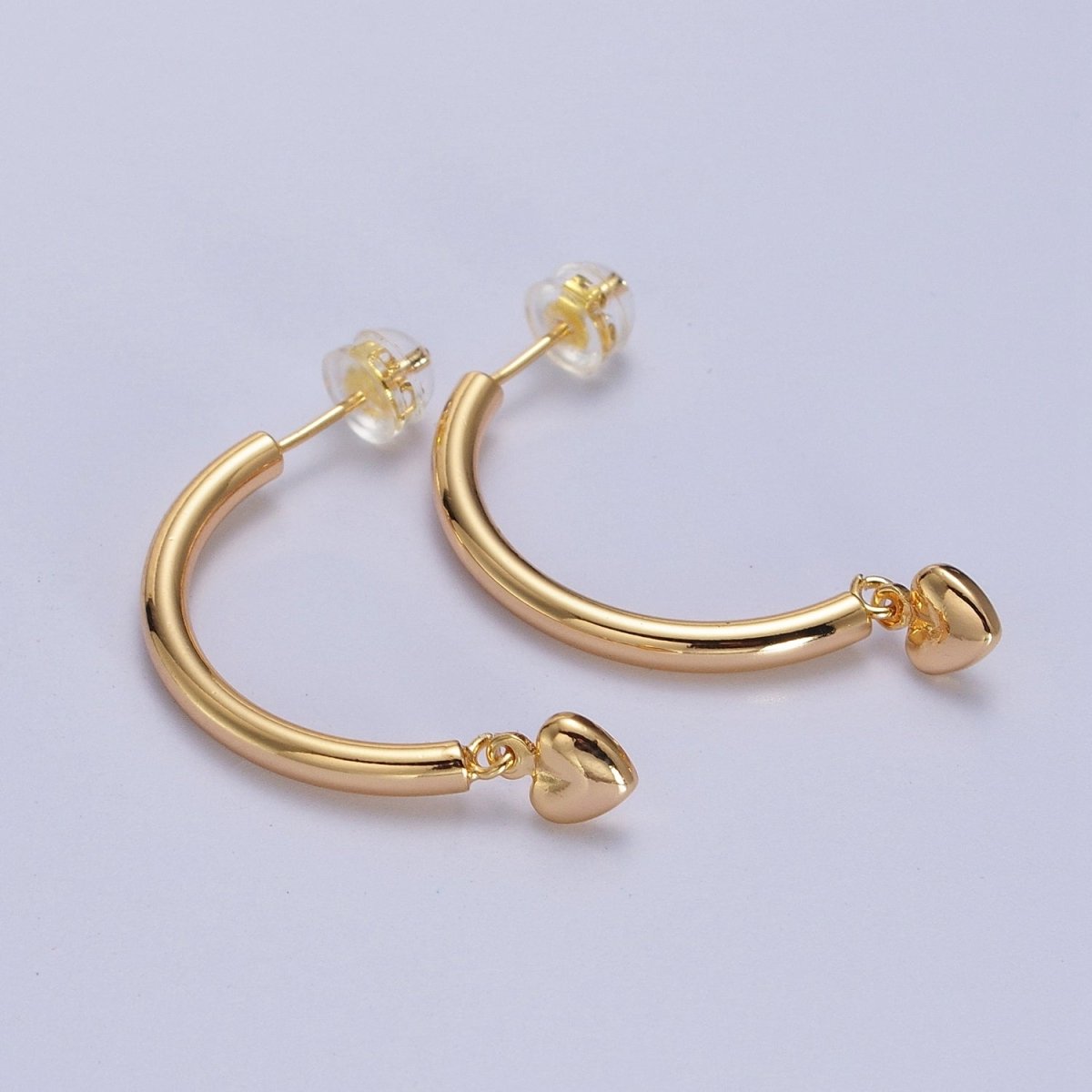 Gold Curved Half Hoop Love Heart Charm Dangle Drop Geometric Earrings | AB020 - DLUXCA