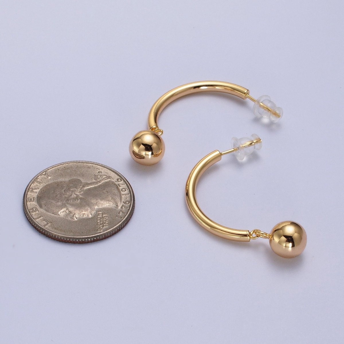 Gold Curved Half Hoop Round Ball Charm Dangle Drop Geometric Earrings | AB018 - DLUXCA