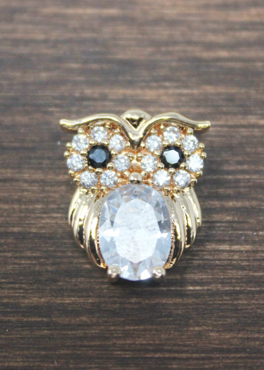 Gold Cute Baby Owl, Night Bird Animal, Owlet, Smart Student Cubic Zirconia Necklace Pendant Charm Bead Bails Findings for Jewelry Making B-247 - DLUXCA