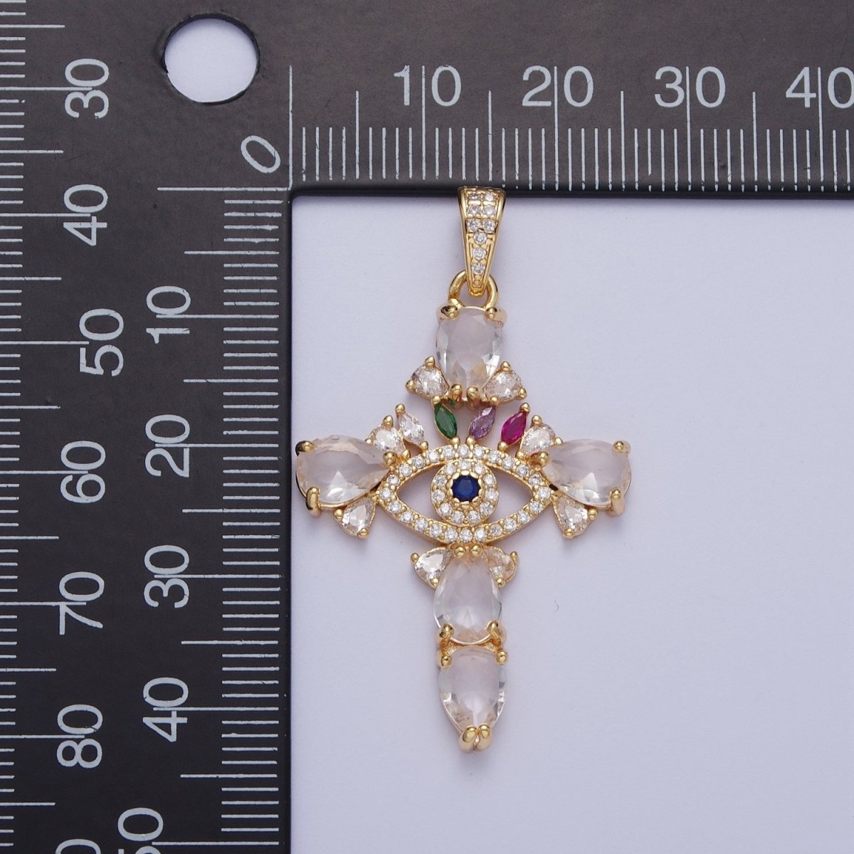 Gold CZ Crystals Evil Eye Cross Pendant, 24K Gold Filled Marquise Diamonds Colorful Micro Paved CZ Religious Cross Charm | X-698 - DLUXCA