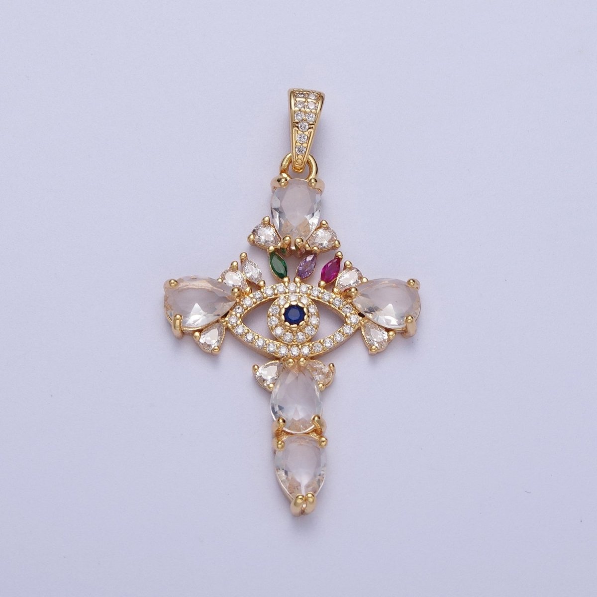 Gold CZ Crystals Evil Eye Cross Pendant, 24K Gold Filled Marquise Diamonds Colorful Micro Paved CZ Religious Cross Charm | X-698 - DLUXCA
