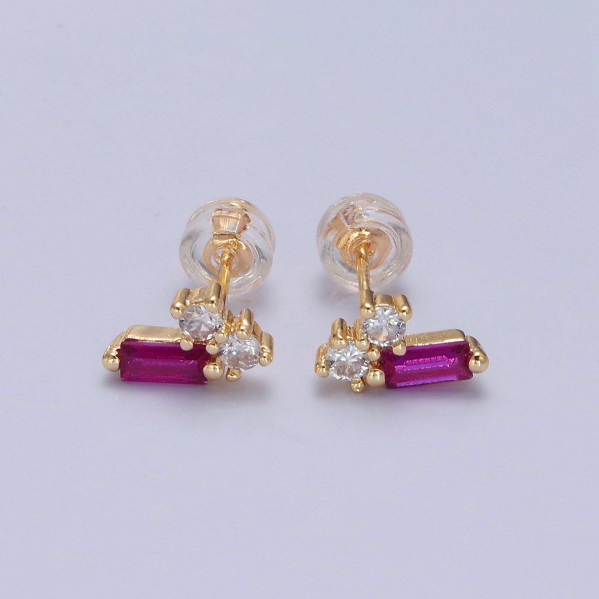 Gold Dainty Pink Baguette Stud Earrings, Minimalistic Baguette Earrings T-380 - DLUXCA