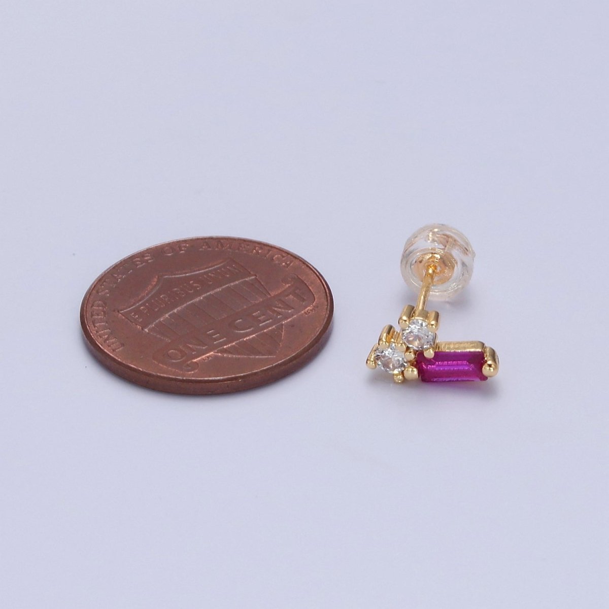 Gold Dainty Pink Baguette Stud Earrings, Minimalistic Baguette Earrings T-380 - DLUXCA