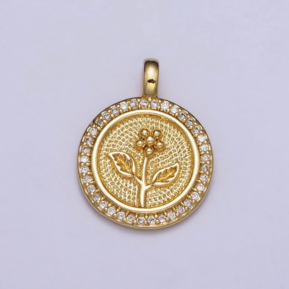 Gold Daisy Flower Textured Clear Micro Paved CZ Round Pendant | AA026 - DLUXCA
