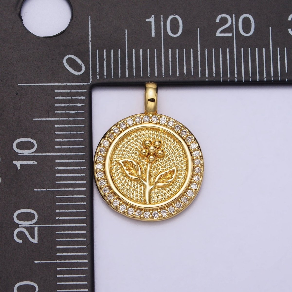 Gold Daisy Flower Textured Clear Micro Paved CZ Round Pendant | AA026 - DLUXCA