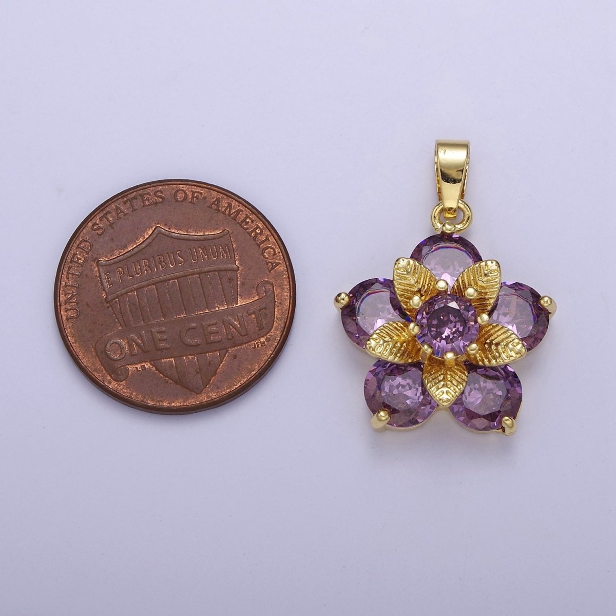 Gold Daisy with Amethyst Purple Cubic Zirconia CZ, Flower Pendant For Jewelry Necklace Making, J-527 - DLUXCA