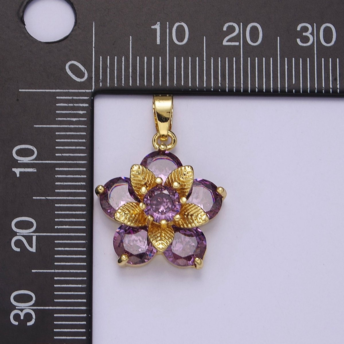 Gold Daisy with Amethyst Purple Cubic Zirconia CZ, Flower Pendant For Jewelry Necklace Making, J-527 - DLUXCA