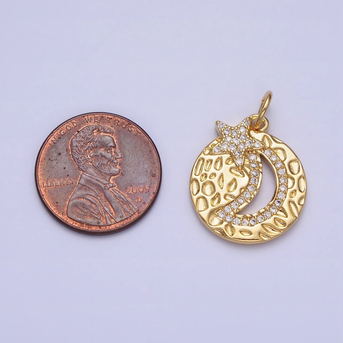 Gold Dented Celestial Crescent Moon Star Clear Micro Paved Round Charm | AC370 - DLUXCA