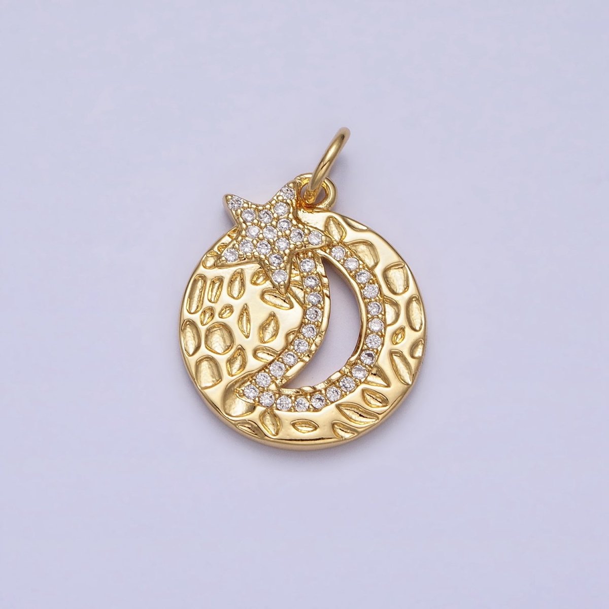 Gold Dented Celestial Crescent Moon Star Clear Micro Paved Round Charm | AC370 - DLUXCA