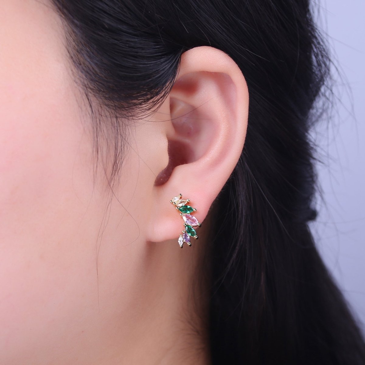 Gold Diamond Marquise Earrings Purple Green CZ Earring V-117 - DLUXCA