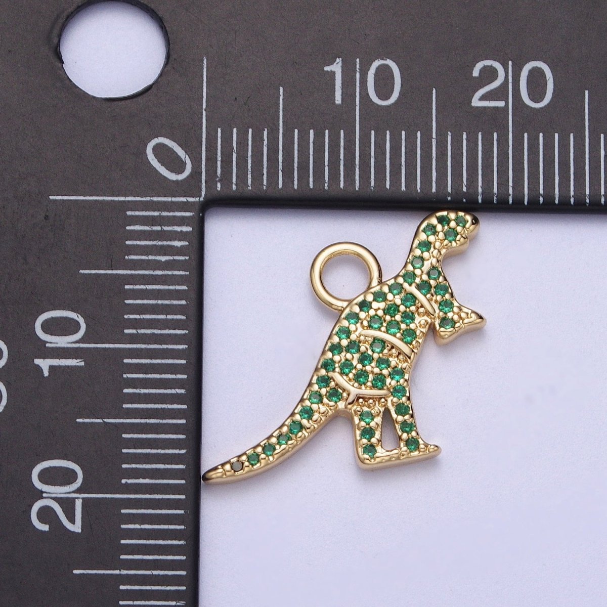 Gold Dinosaur T-Rex Green Micro Paved Cubic Zirconia Charm | A-303 - DLUXCA