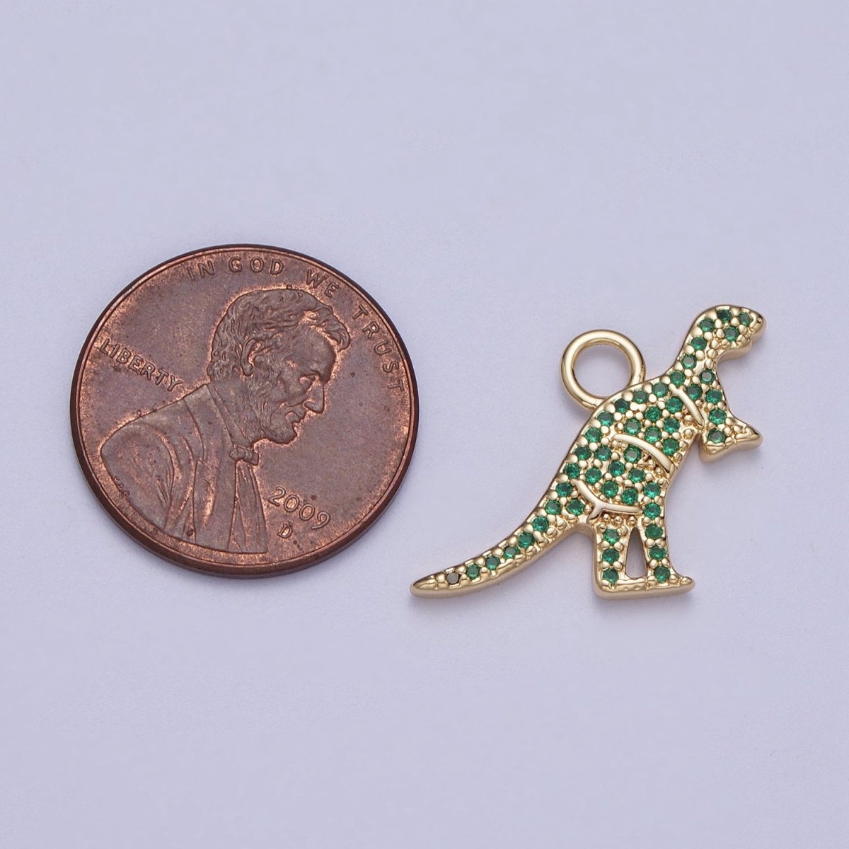 Gold Dinosaur T-Rex Green Micro Paved Cubic Zirconia Charm | A-303 - DLUXCA