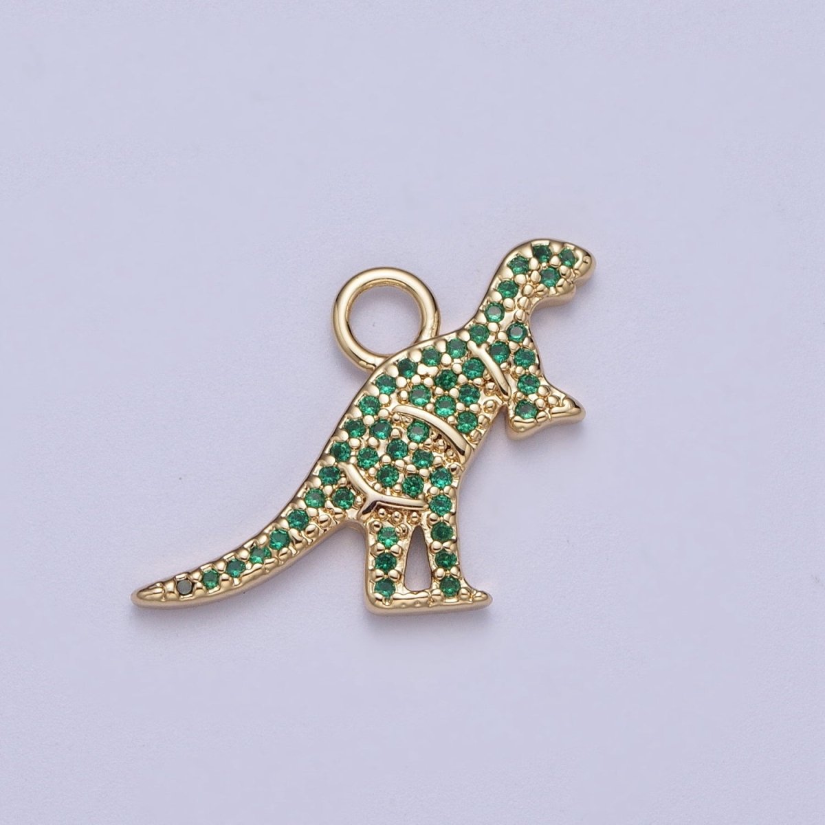 Gold Dinosaur T-Rex Green Micro Paved Cubic Zirconia Charm | A-303 - DLUXCA