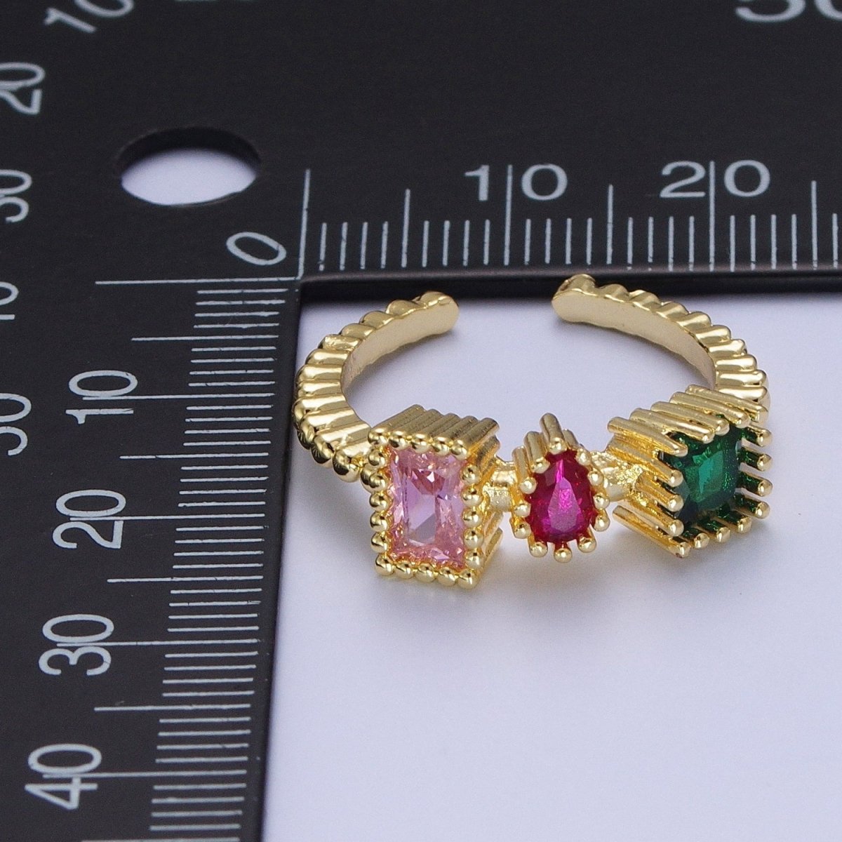 Gold Dotted Pink, Fuchsia, Green Baguette Teardrop Cubic Zirconia Adjustable Ring S-245 - DLUXCA