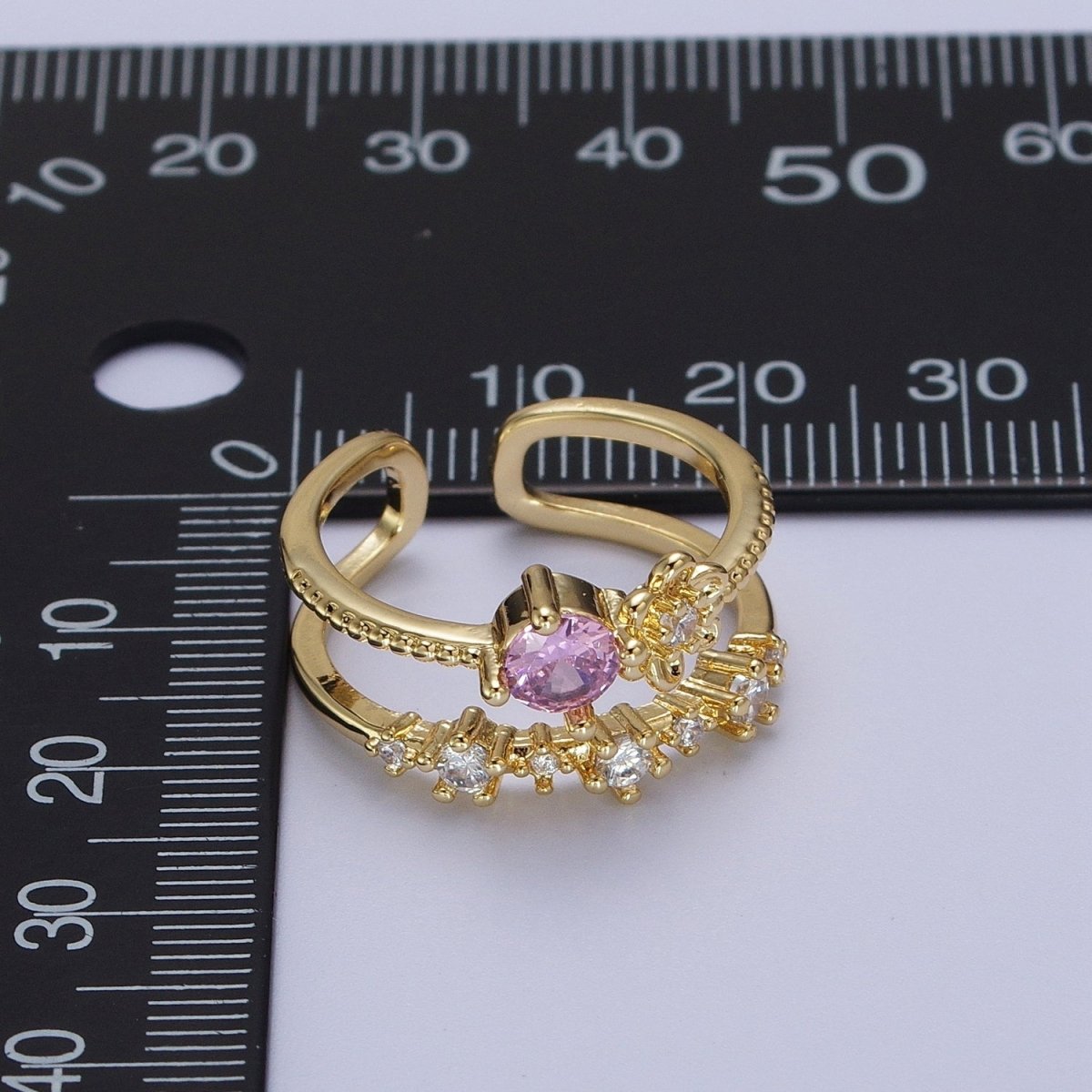 Gold Double Band Clear, Dark Blue, Pink, Green, Red, Light Blue Cubic Zirconia Beaded Ring | Y-392 ~ Y-397 - DLUXCA