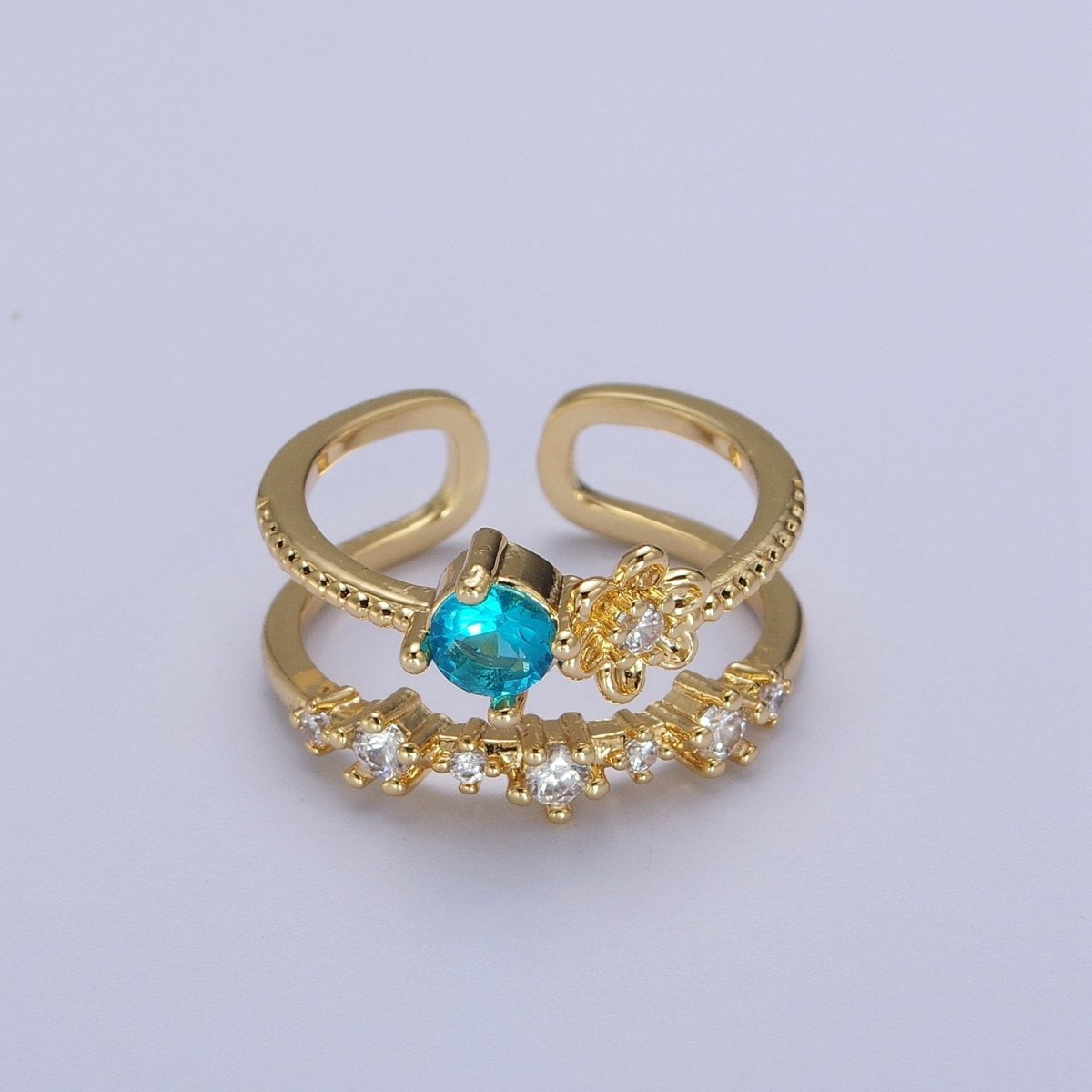 Gold Double Band Clear, Dark Blue, Pink, Green, Red, Light Blue Cubic Zirconia Beaded Ring | Y-392 ~ Y-397 - DLUXCA