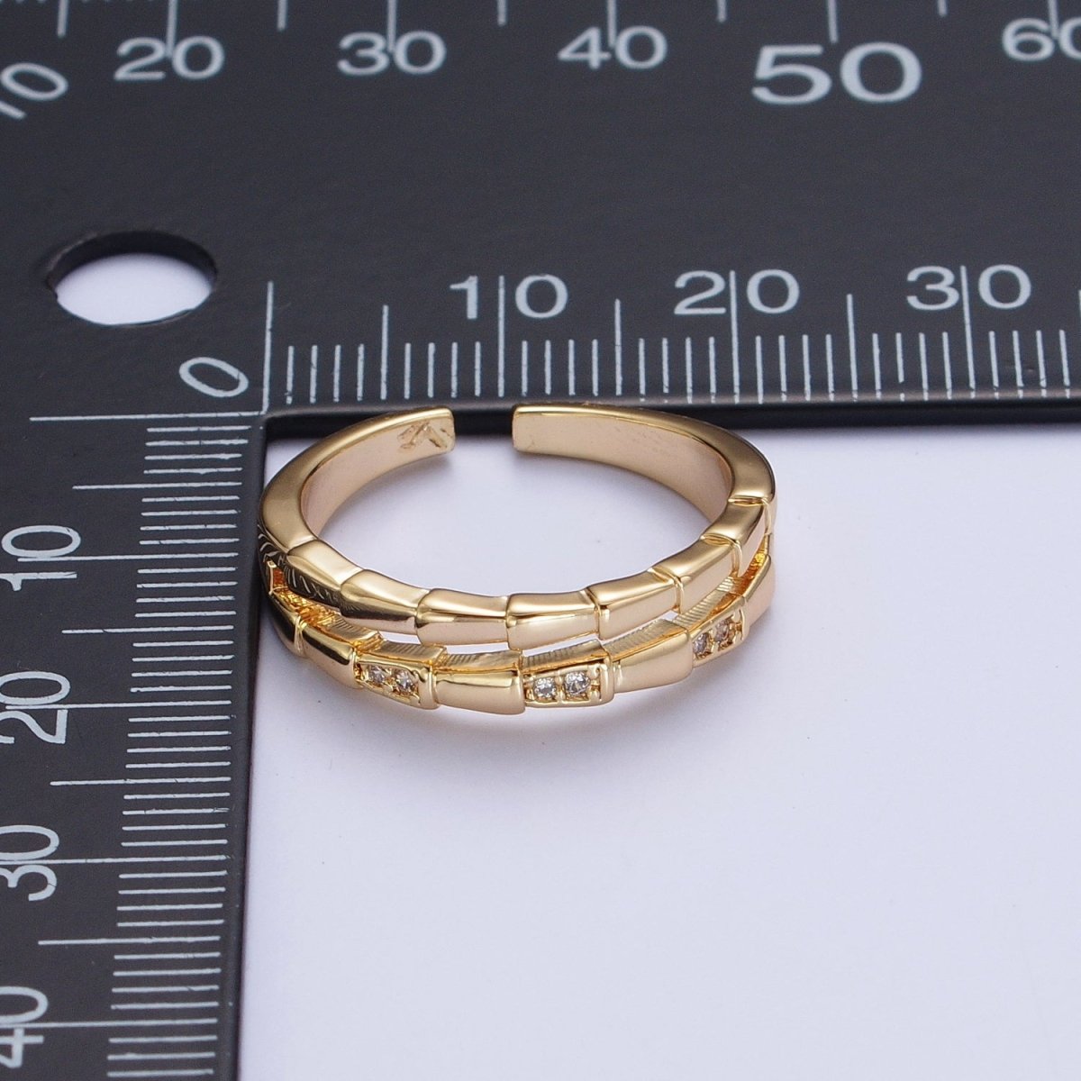 Gold Double Band Micro Paved Cubic Zirconia Geometric Serpent Snake Stacking Ring | X-557 - DLUXCA