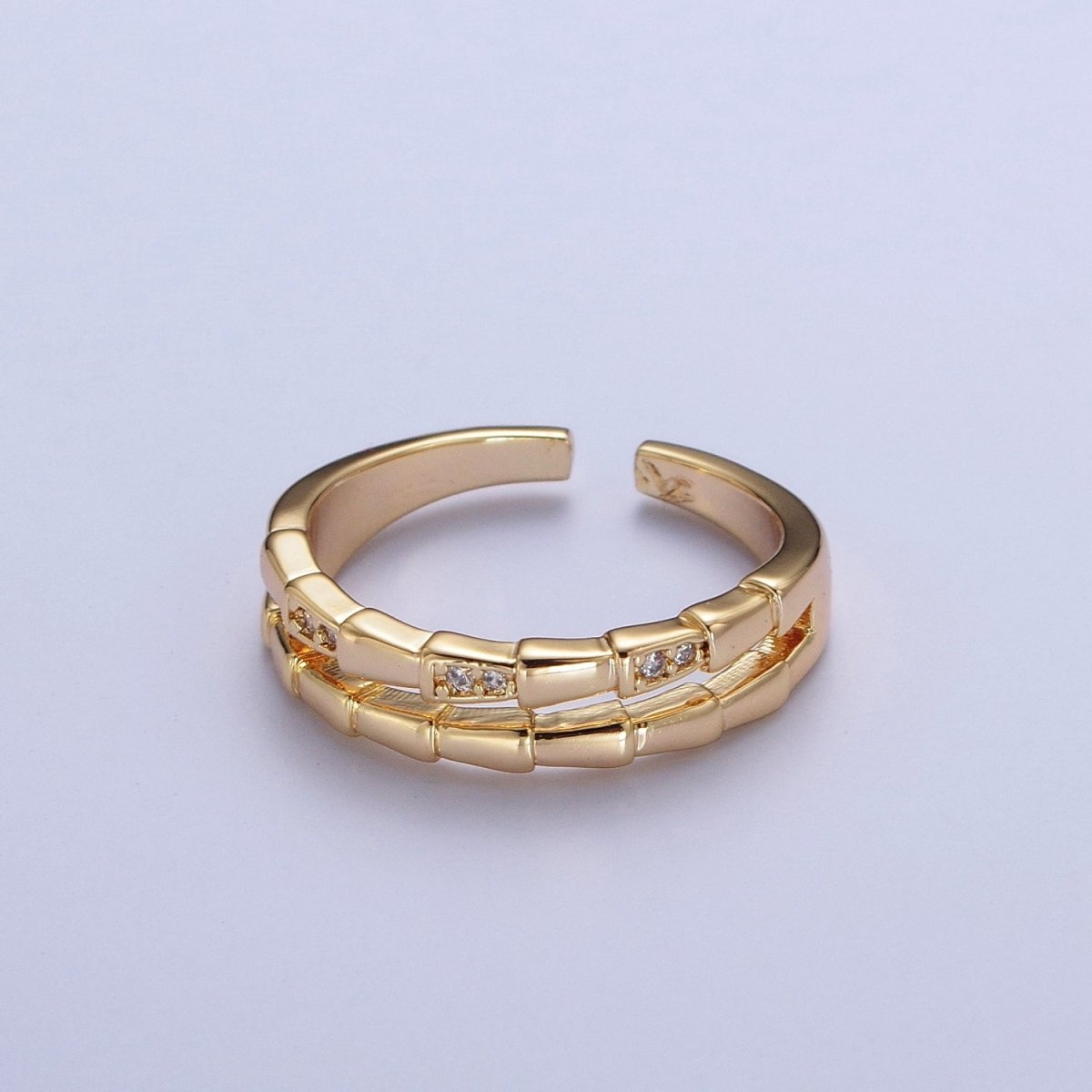 Gold Double Band Micro Paved Cubic Zirconia Geometric Serpent Snake Stacking Ring | X-557 - DLUXCA