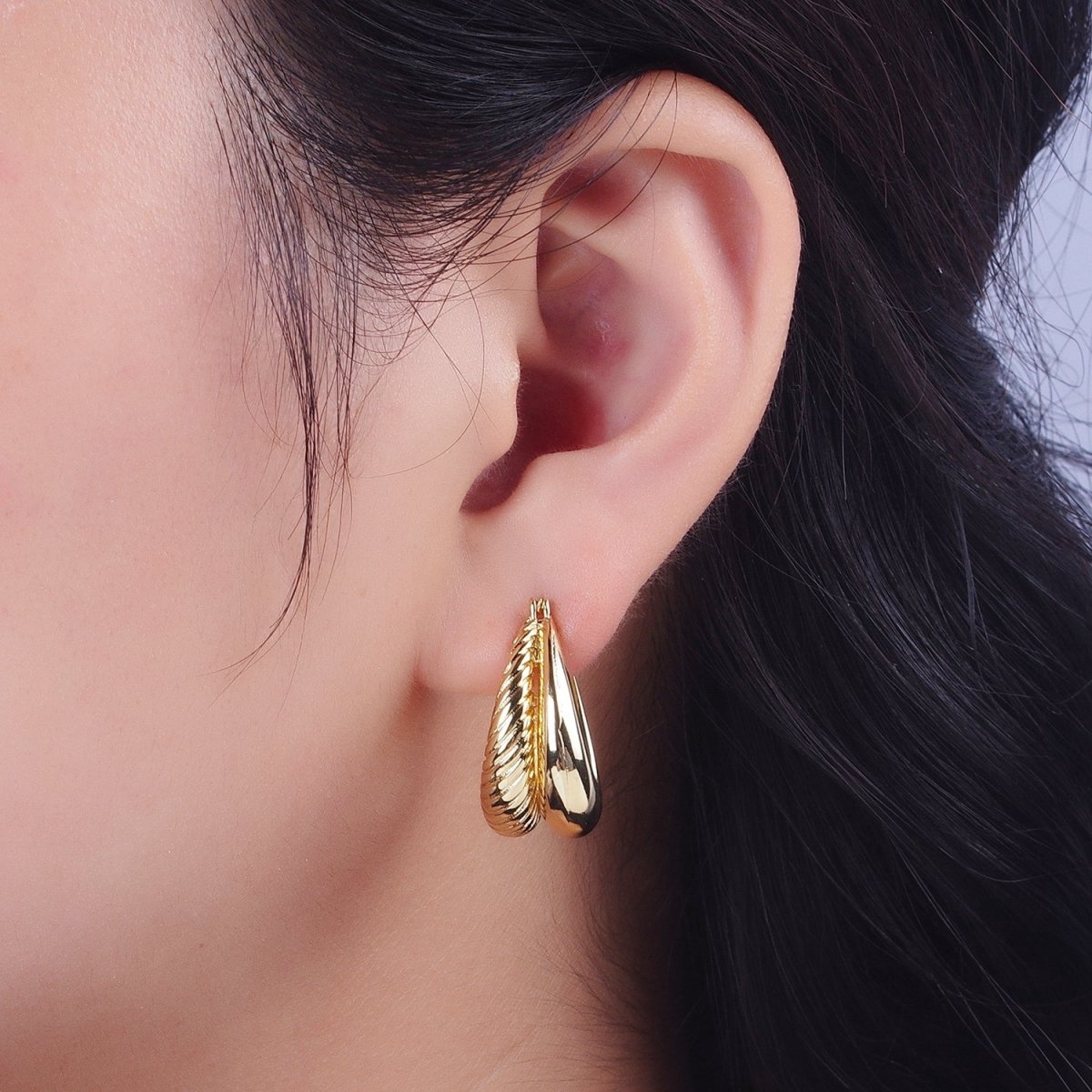 Gold Double Plain & Textured Dome Latch Hoop Earrings | Y-079 - DLUXCA