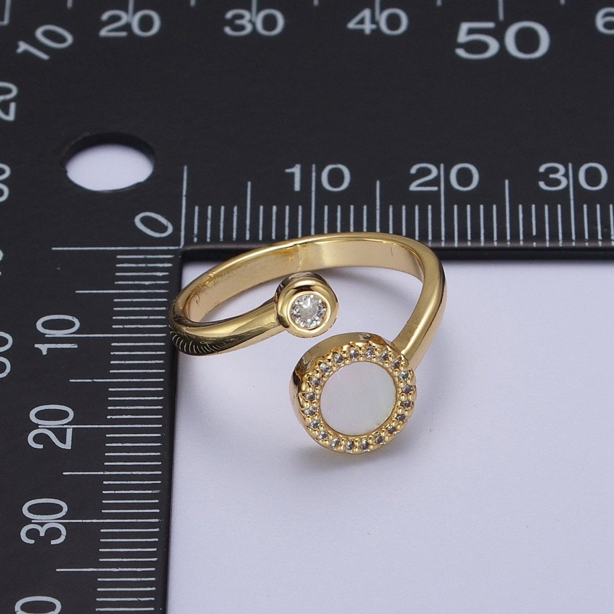 Gold Double Round Micro Paved CZ Shell Pearl, Cubic Zirconia Adjustable Open Ring | Y-387 - DLUXCA