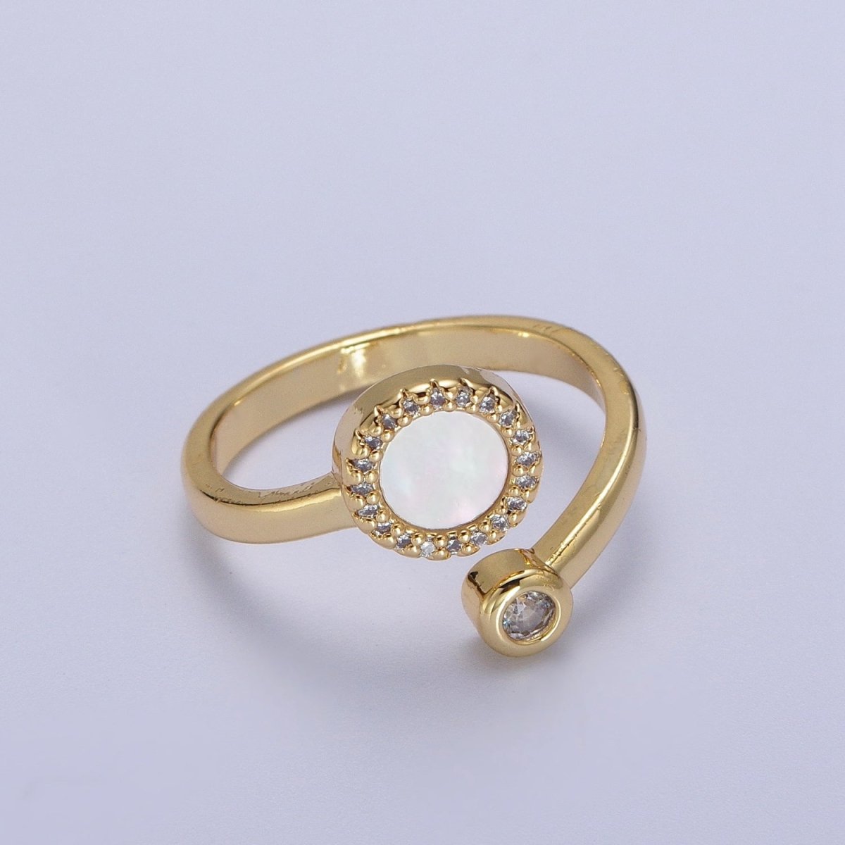 Gold Double Round Micro Paved CZ Shell Pearl, Cubic Zirconia Adjustable Open Ring | Y-387 - DLUXCA