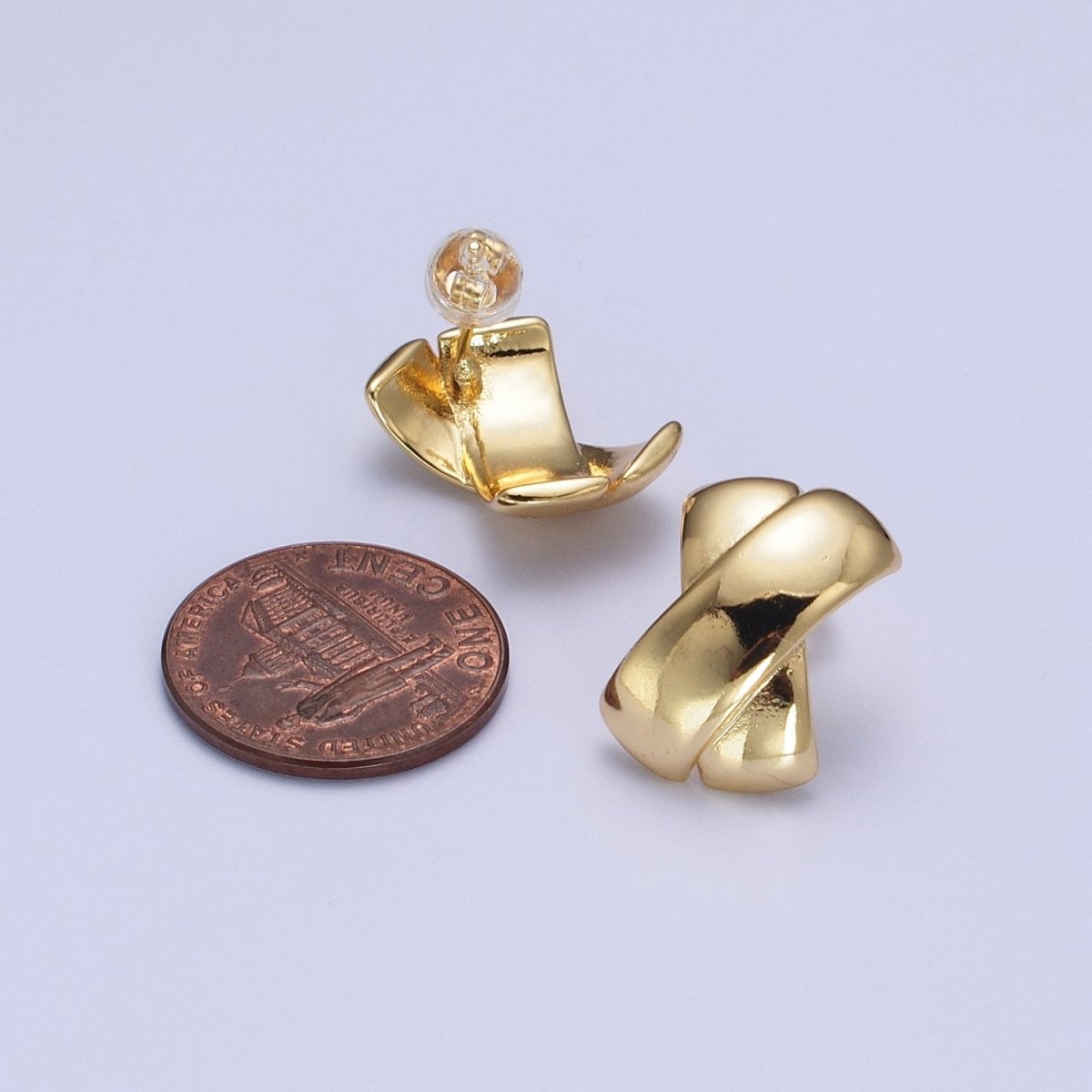 Gold Double Tape Flat Bar Cross Dome Stud Earrings | AE-1018 - DLUXCA