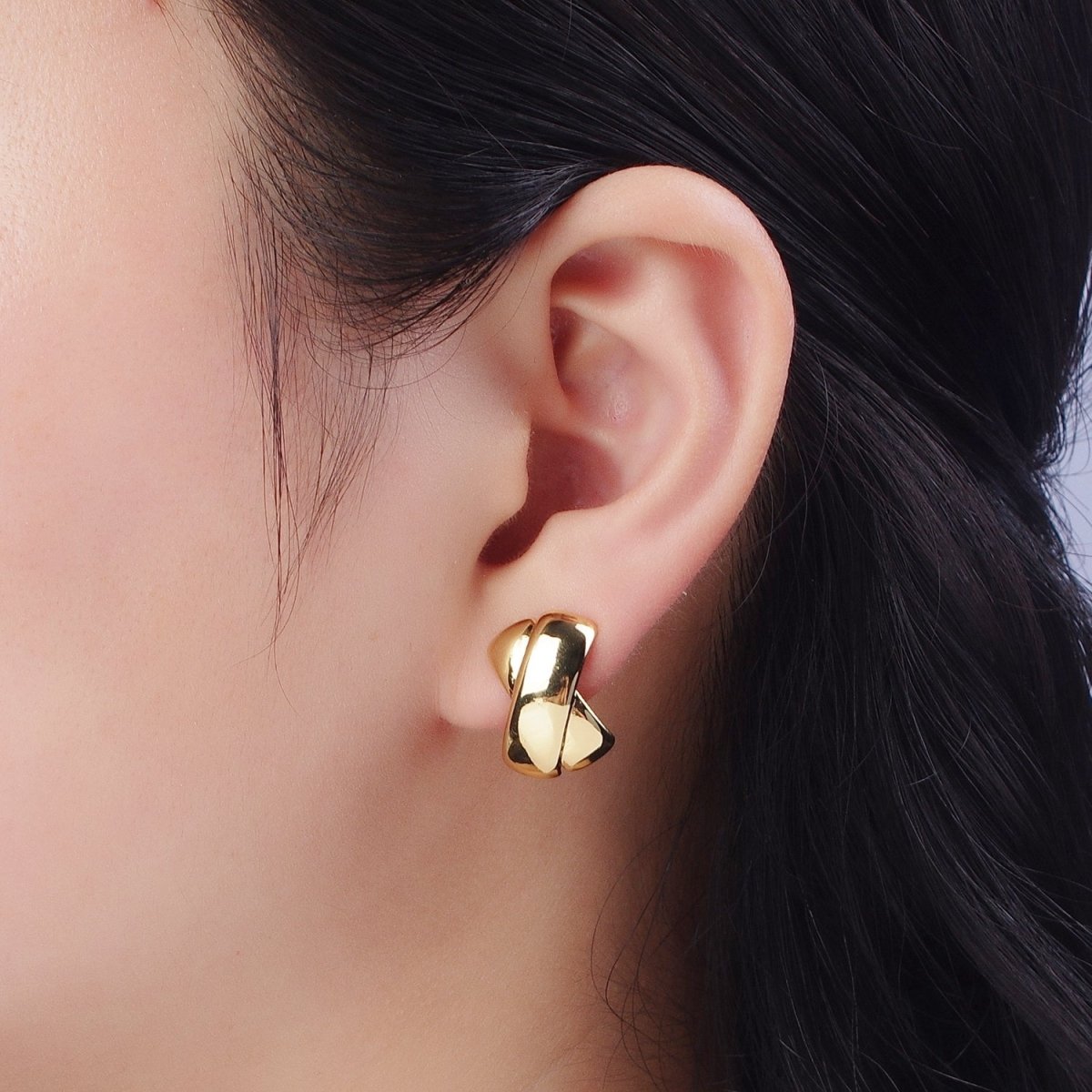 Gold Double Tape Flat Bar Cross Dome Stud Earrings | AE-1018 - DLUXCA