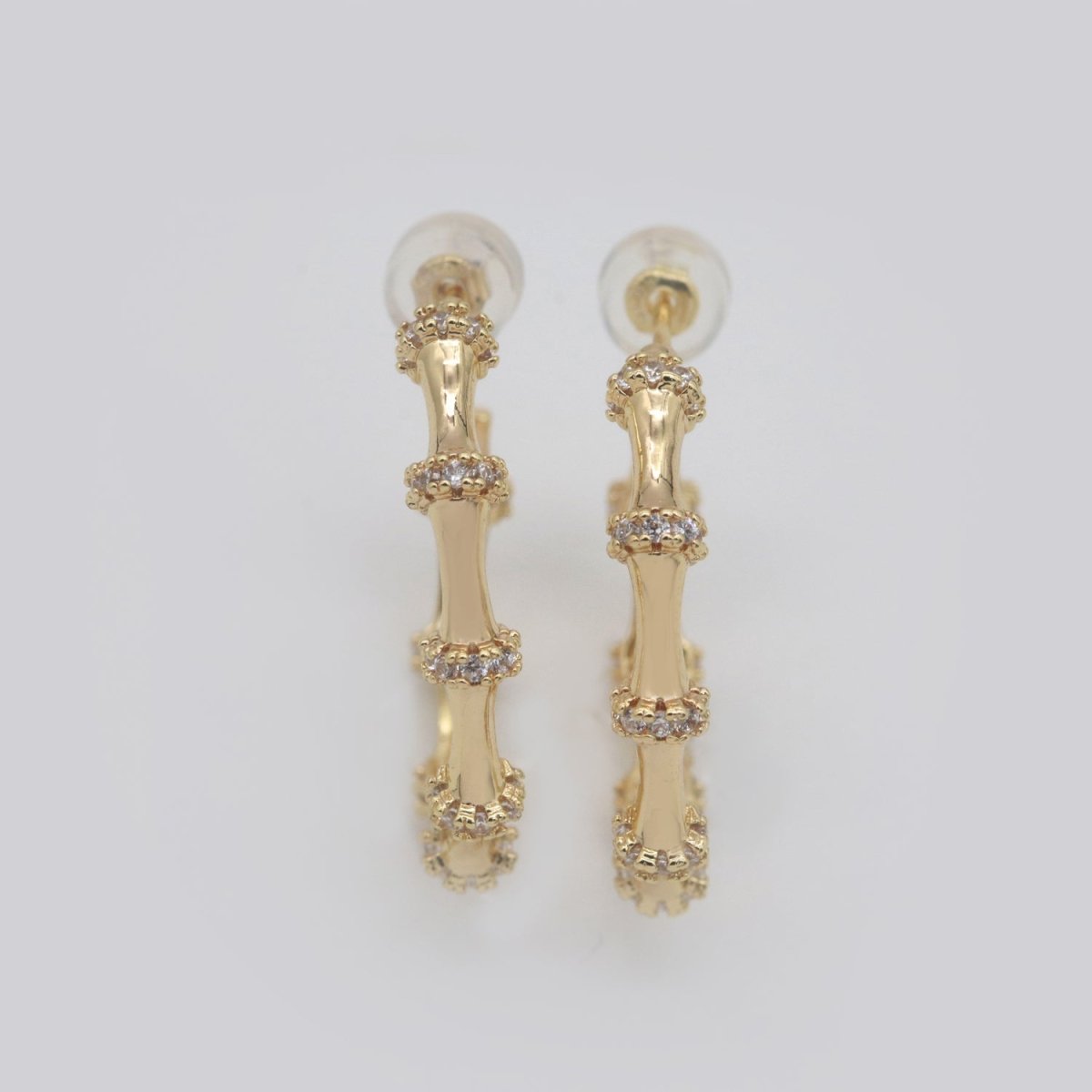 Gold Earrings, Cz Hoops Earring, Dainty Earrings, Chunky Bamboo Earrings, Everyday Wear Earrings, Statement Earring, 25mm Earring T-155 - DLUXCA